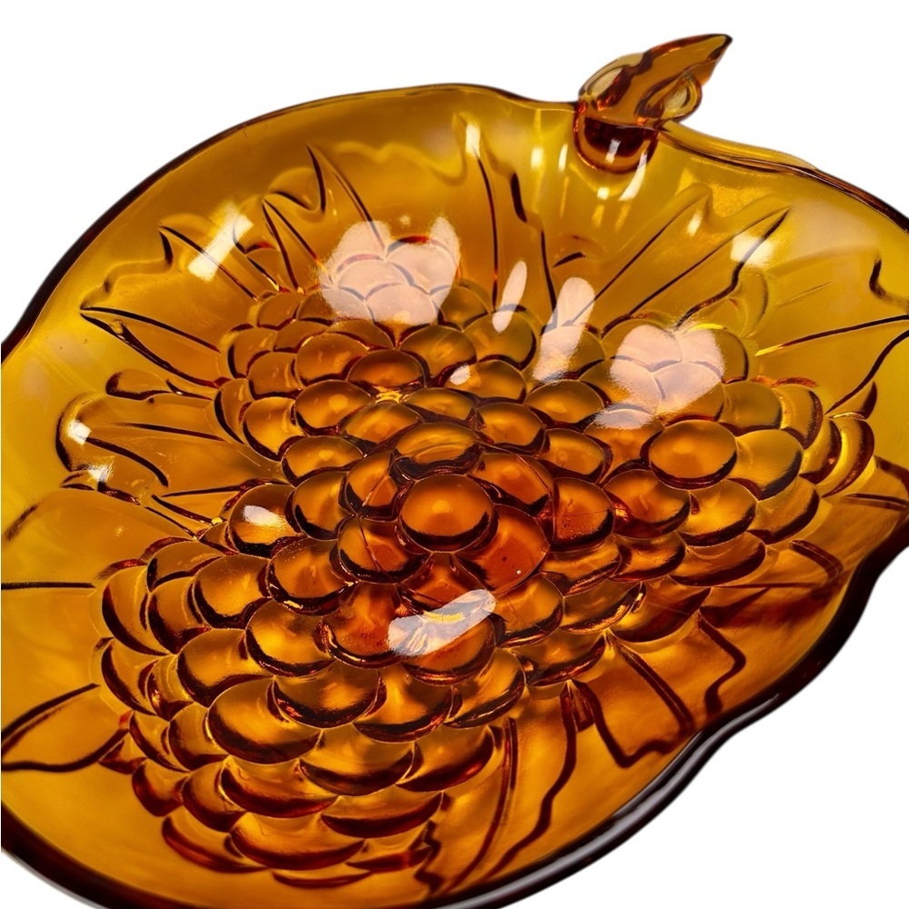 Vintage Indiana Glass Bowl Amber Heavily Embossed Grapes Fruit 13” Salad Bowl - Picture 2 of 10